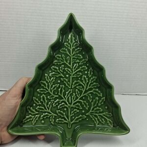 Hallmark Green Ceramic Christmas Tree Serving Dish Embossed Holly Leaf Platter